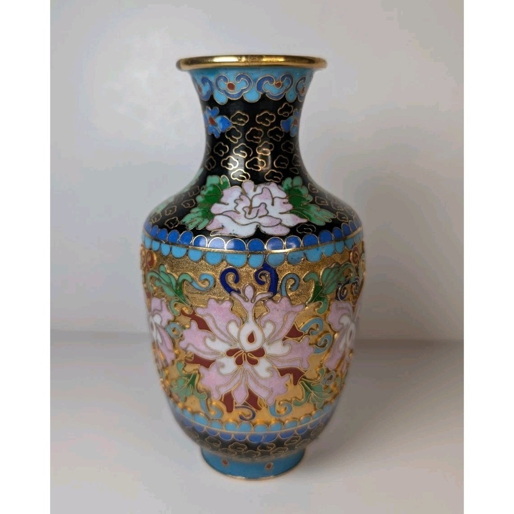 Cloisonne Floral Vase Jingfa China 6"X3" Intricate Vintage Design Over Brass